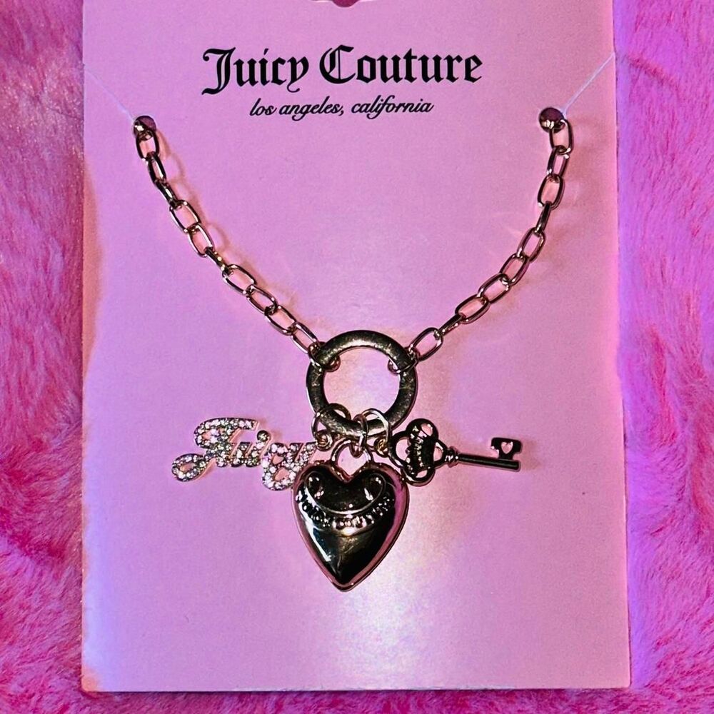 Juicy Couture Gold Colored Necklace Heart Multi Charm NEW